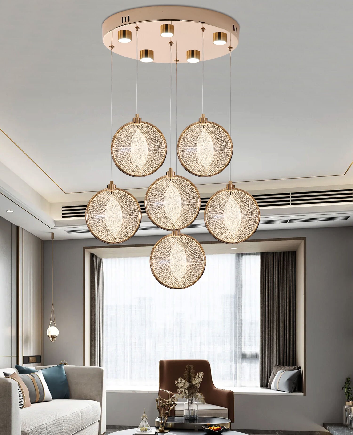 Edward 6'Lı 70 Watt Yuvarlak Gold Ledli Modern Salon Avize