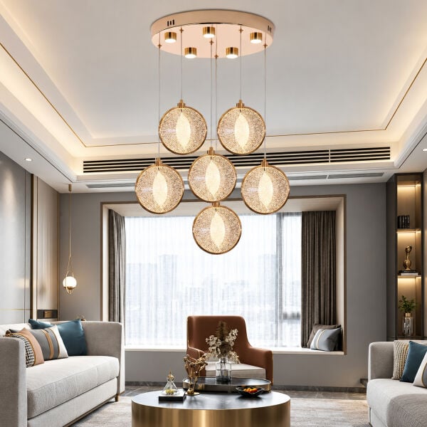 Edward 6'Lı 70 Watt Yuvarlak Gold Ledli Modern Salon Avize