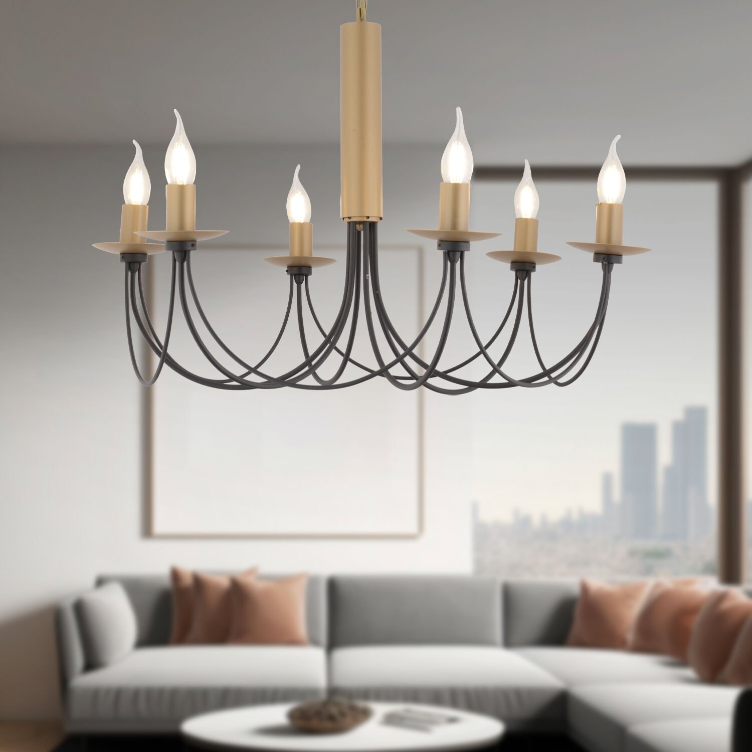 Joyce 6'lı Siyah Eskitme Yuvarlak Modern Oturma Odası Salon Avize