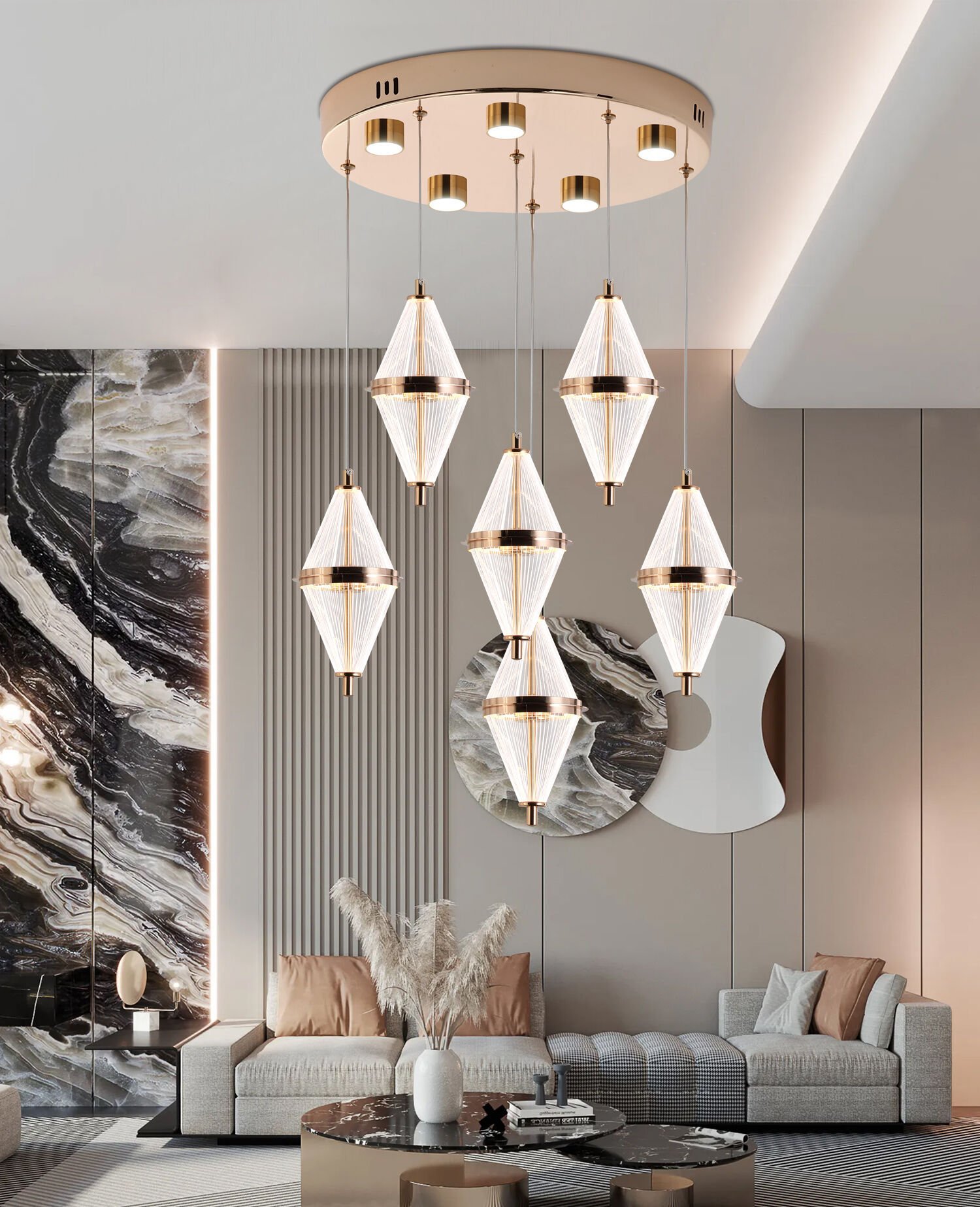 Harold 6'Lı 40 Watt Yuvarlak Gold Ledli Modern  Salon Avize