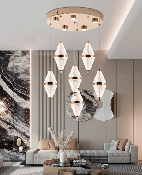 Harold 6'Lı 40 Watt Yuvarlak Gold Ledli Modern  Salon Avize