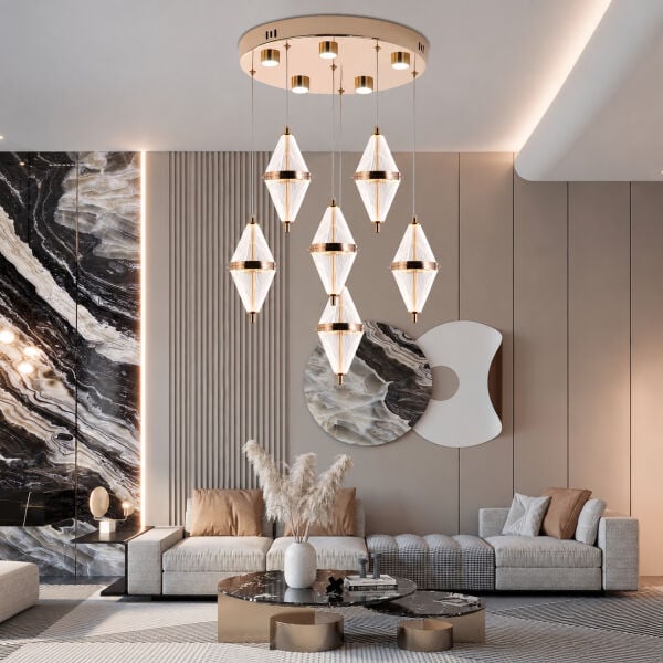 Harold 6'Lı 40 Watt Yuvarlak Gold Ledli Modern  Salon Avize