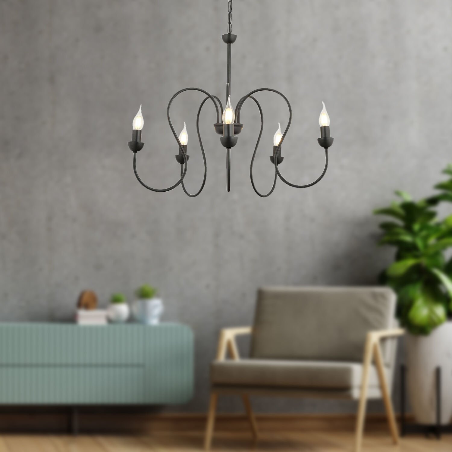 Flor 5Li Siyah Modern Yatak Odası Mutfak Salon Avize