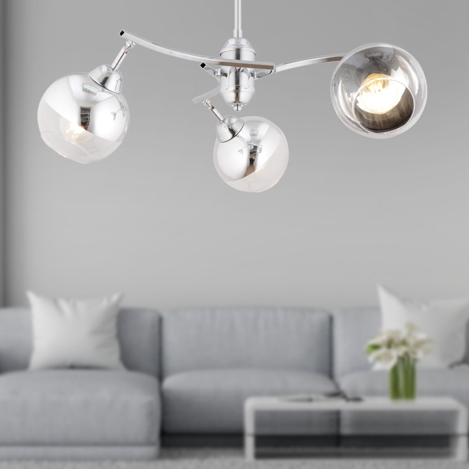 Abbey 3'lü Krom Rengi Krom Camlı Yuvarlak Modern Oturma Odası Spot Salon Avize