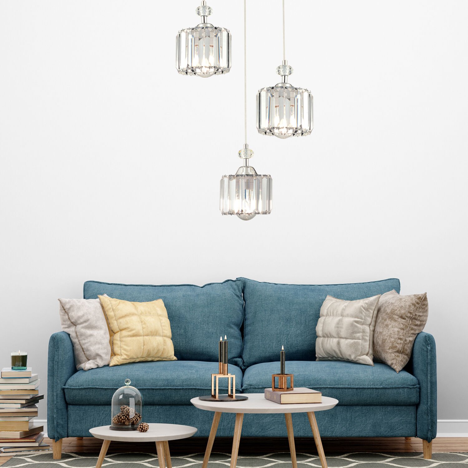 Saka 3 Lü Yuvarlak Sarkıt Krom  Kristalli, Taşlı Modern Tasarım Kristal Salon Sarkıt Avize