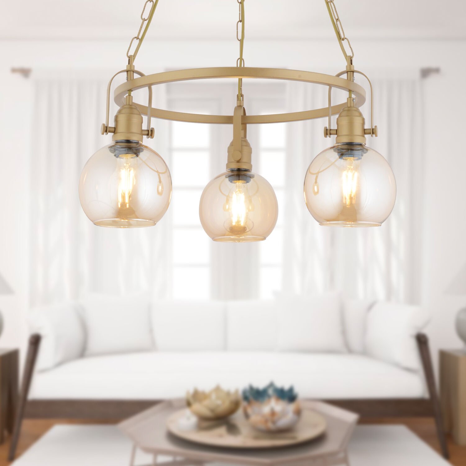 Cherish 3'lü Yuvarlak Eskitme Bal Camlı Modern Oturma Odası Salon Avize