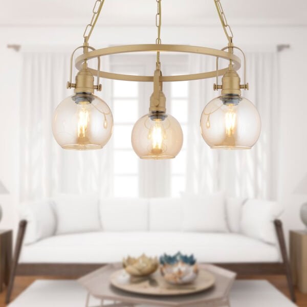 Cherish 3'lü Yuvarlak Eskitme Bal Camlı Modern Oturma Odası Salon Avize