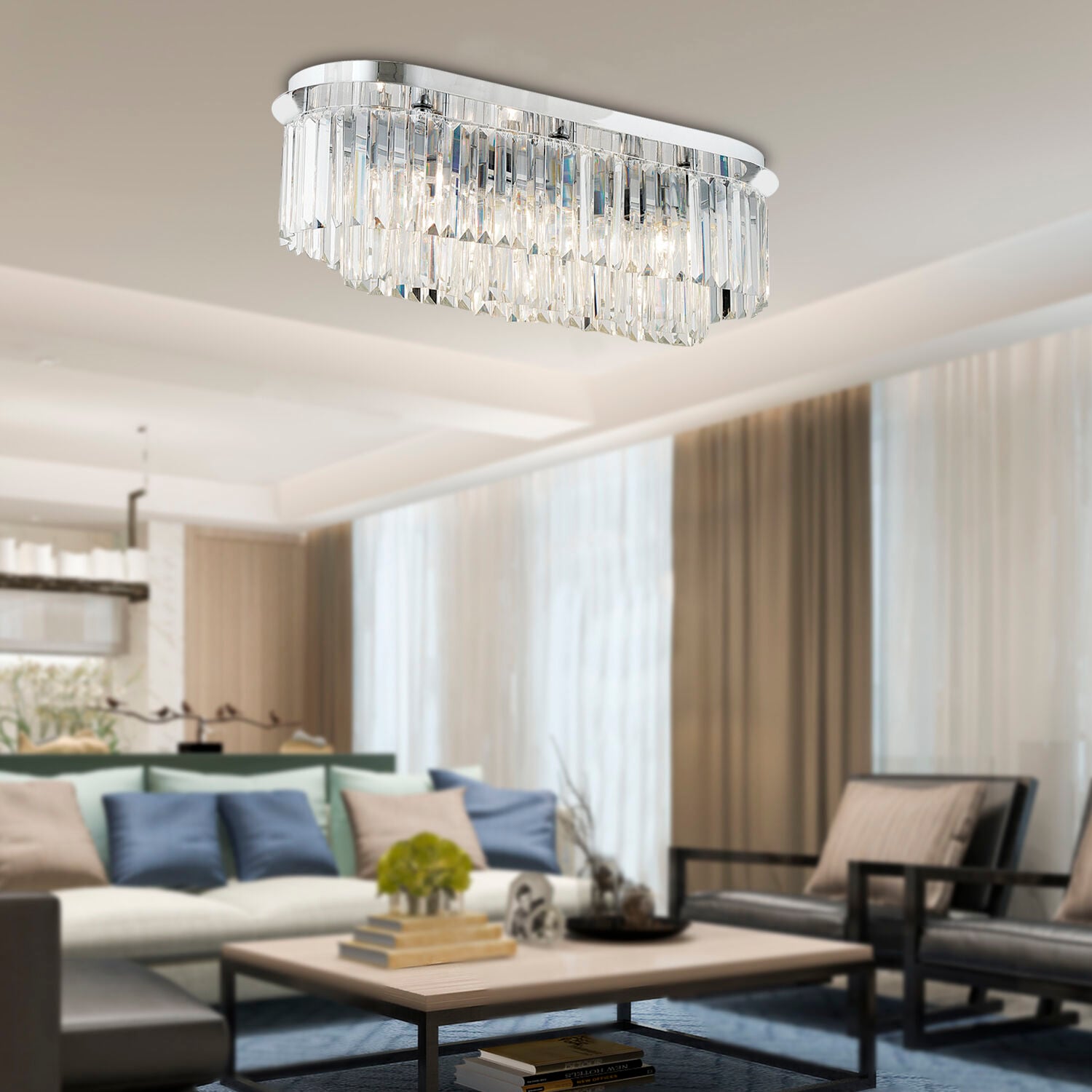 Nilüfer Dikdörtgen Krom  Kristalli, Taşlı Modern Tasarım Yemek Masası Üstü, Kristal Salon Avize
