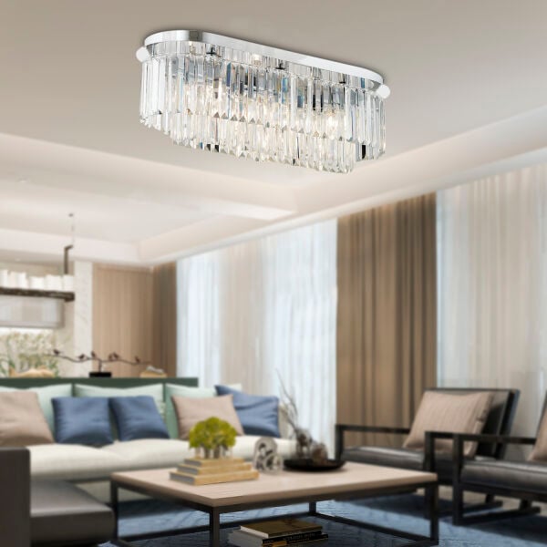 Nilüfer Dikdörtgen Krom  Kristalli, Taşlı Modern Tasarım Yemek Masası Üstü, Kristal Salon Avize
