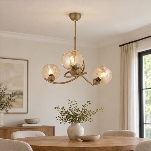 Pireal 3'lü Yuvarlak Eskitme Bal Camlı Modern Oturma Odası Salon Avize
