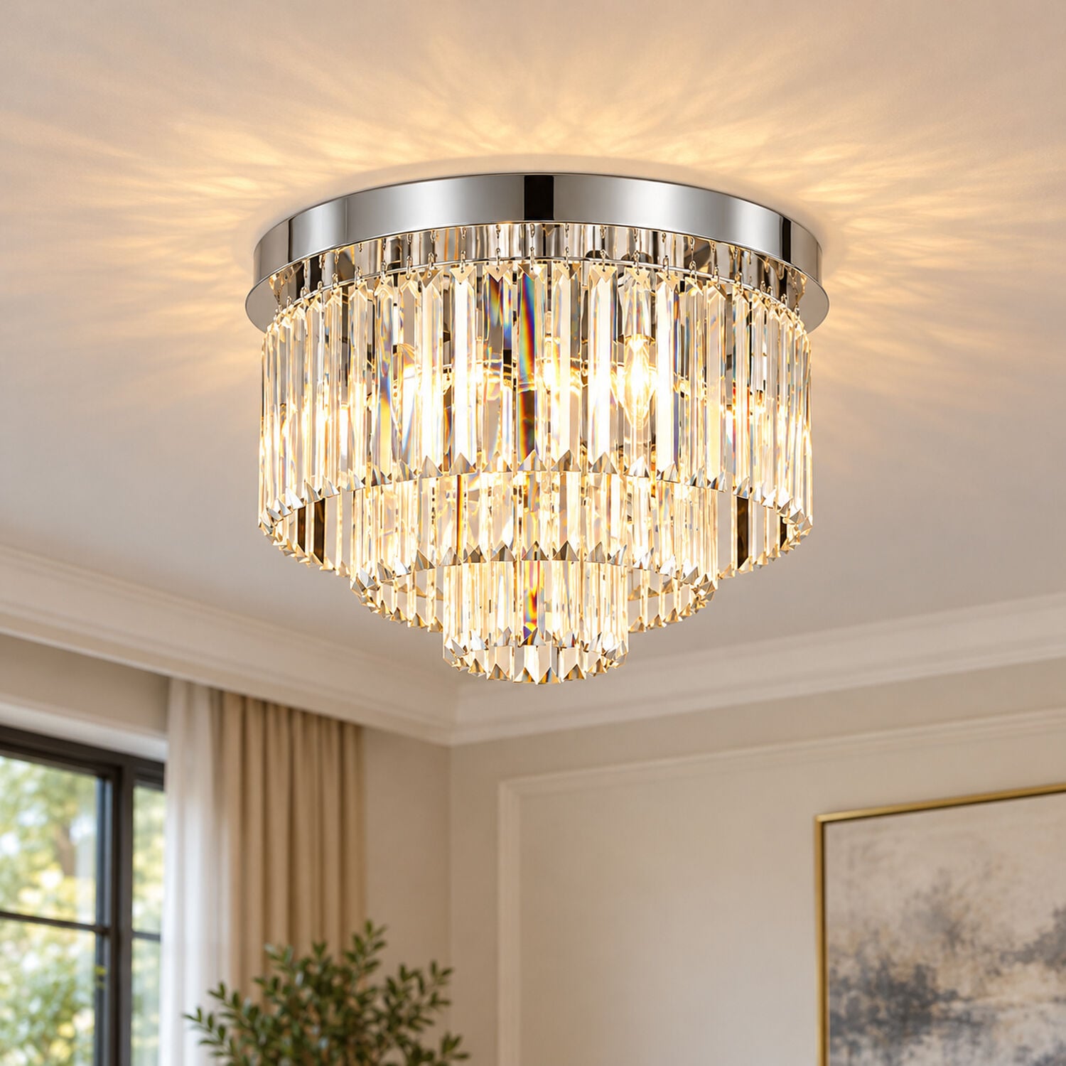 Nilüfer Yuvarlak Krom  Kristalli, Taşlı Modern Tasarım Kristal Salon Avize