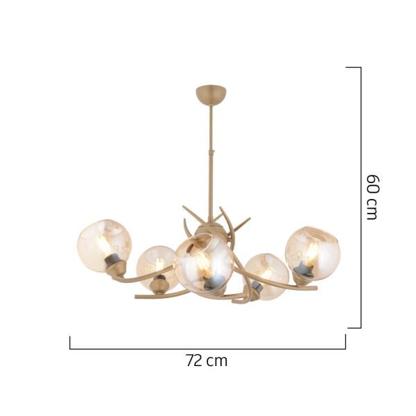 Pireal 5'li Yuvarlak Eskitme Bal Camlı Modern Oturma Odası Salon Avize