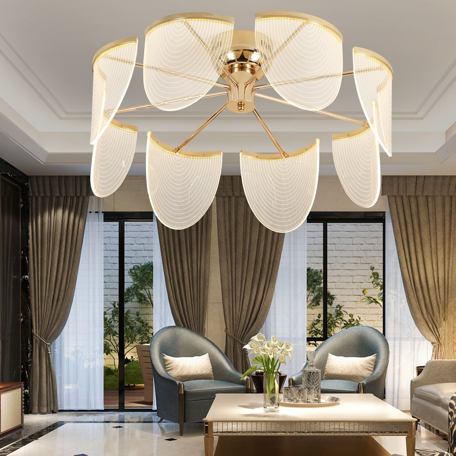 Janne 8 li Gold Kaplama 26 Watt 3 Renkli Ledli Modern Tasarım Oturma Odası Salon Led Avize