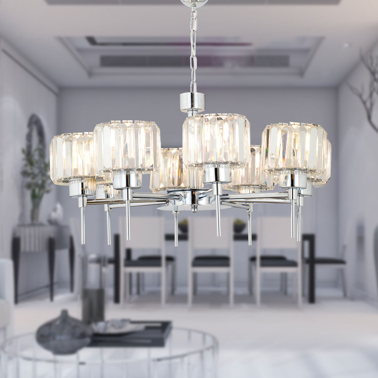 Sadem 8'Li Krom Kristalli Taşlı Modern Tasarım Salon-Yatak Odası Kristal Salon Avize