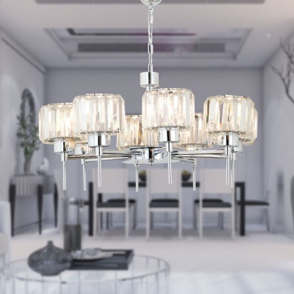 Sadem 8'Li Krom Kristalli Taşlı Modern Tasarım Salon-Yatak Odası Kristal Salon Avize