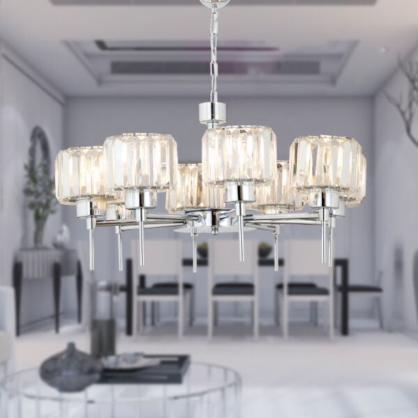 Sadem 8'Li Krom Kristalli Taşlı Modern Tasarım Salon-Yatak Odası Kristal Salon Avize