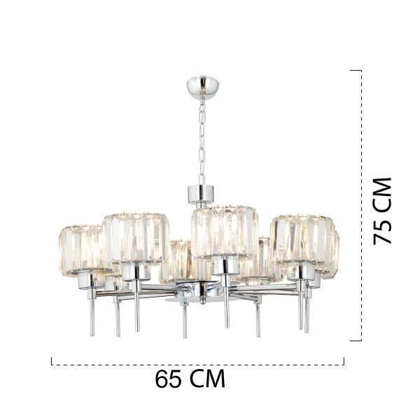 Sadem 8'Li Krom Kristalli Taşlı Modern Tasarım Salon-Yatak Odası Kristal Salon Avize