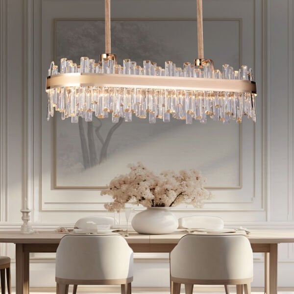 Diandra Gold Kaplamalı Yemek Masa Üstü 44 Watt Led Sarkıt Modern Tasarım Salon Kristal 3 Renk Ledli Avize