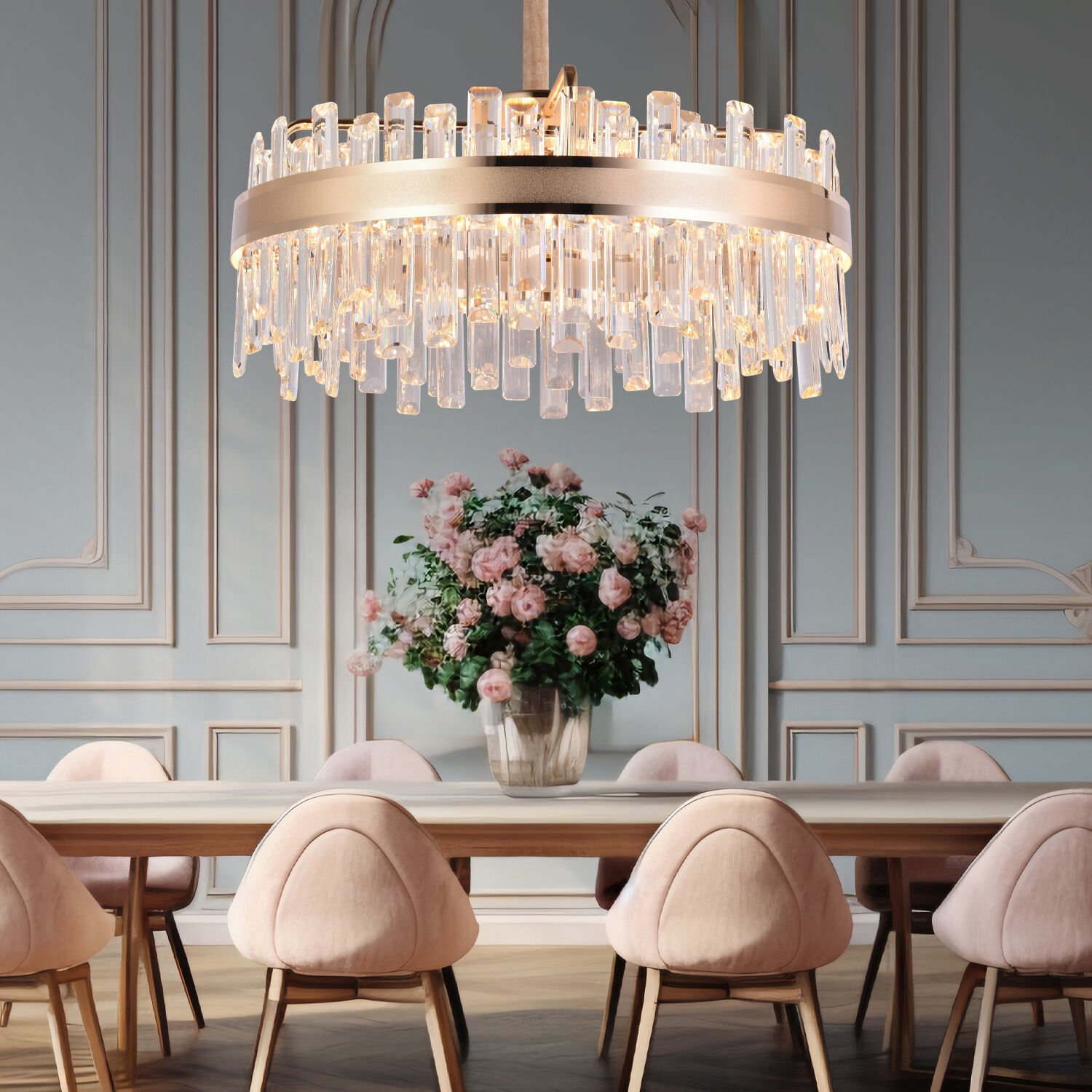 Diandra 60 lık Gold Kaplamalı 58 Watt Led Sarkıt Modern Tasarım Salon Kristal 3 Renk Ledli Avize