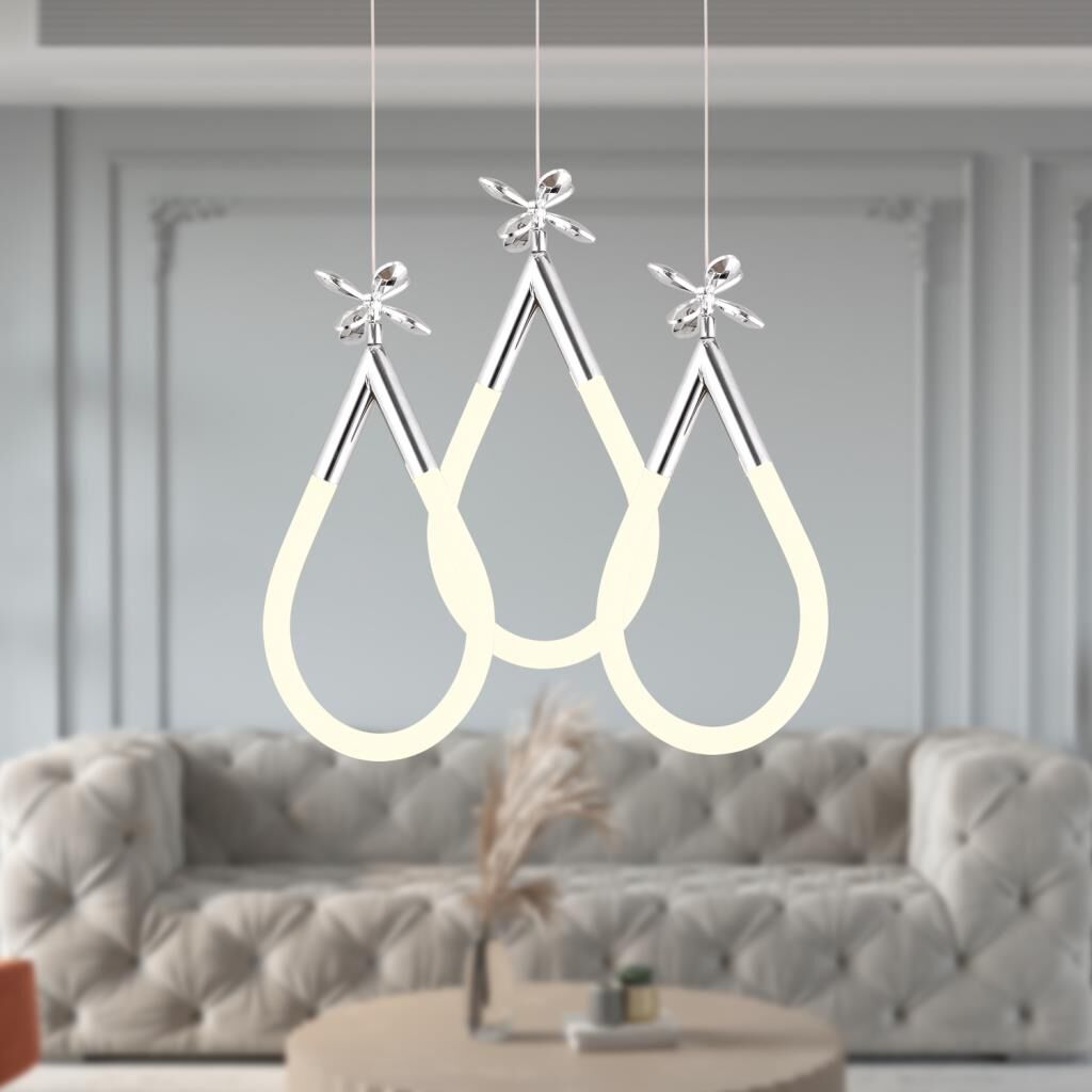 Vojens 3'lü Yuvarlak Krom Ledli 42 Watt Kelebek Detaylı Modern Koridor, Yatak Odası Salon Sarkıt Led Avize