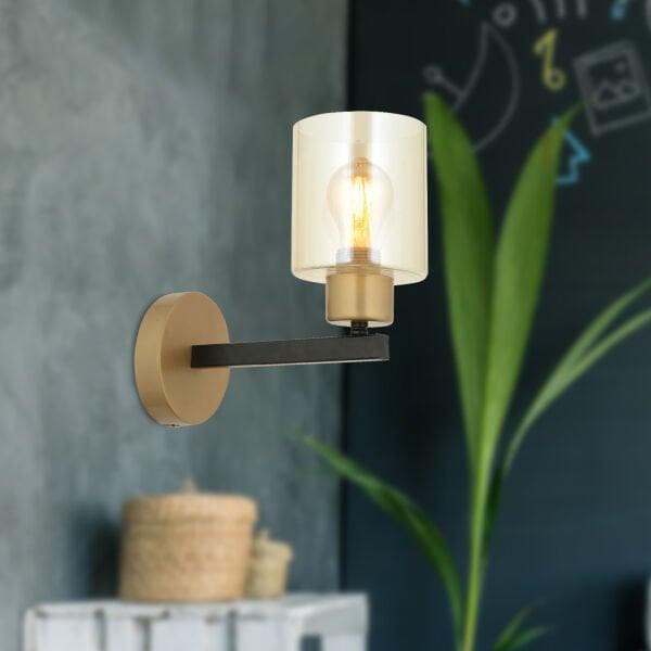 Jade Eskitme Siyah Boyalı Bal Camlı Duvar Lambası Yatak Odası-Banyo-Yatak Başı Aplik