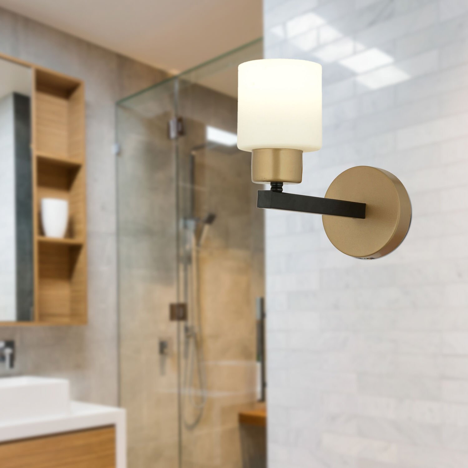 Jade Eskitme Siyah Boyalı Beyaz Camlı Duvar Lambası Yatak Odası-Banyo-Yatak Başı Aplik