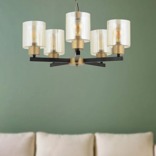 Jade 5 Li Avize Eskitme Siyah Boyalı Bal Camlı Modern Genç Odası Yatak Odası Retro Salon Avize