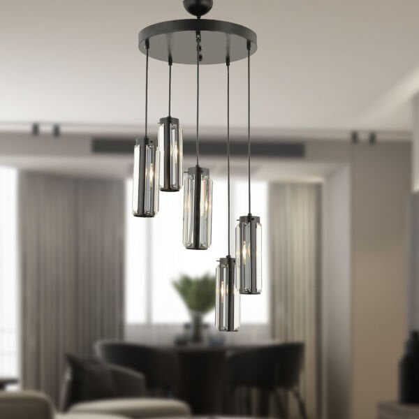 Natali 5 Li Yuvarlak Siyah Modern Kristalli, Taşlı Modern Tasarım Kristal Salon Sarkıt Avize