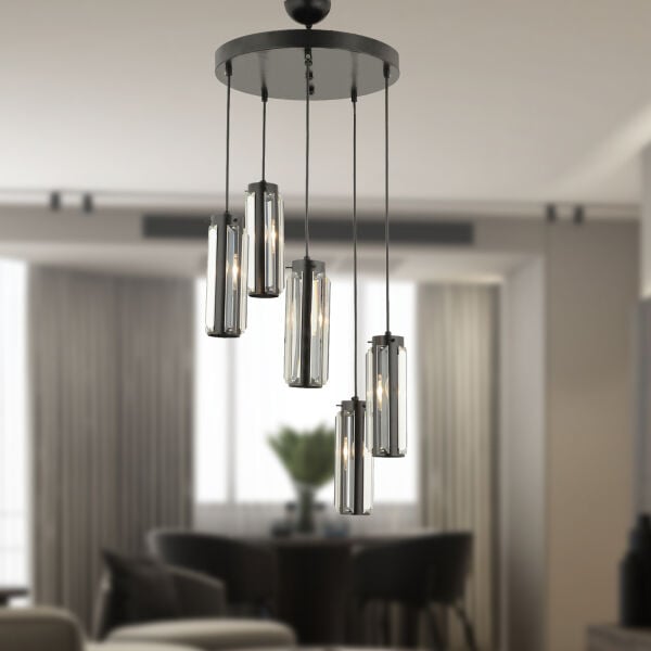 Natali 5 Li Yuvarlak Siyah Modern Kristalli, Taşlı Modern Tasarım Kristal Salon Sarkıt Avize