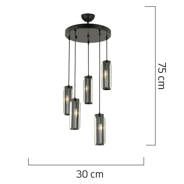 Natali 5 Li Yuvarlak Siyah Modern Kristalli, Taşlı Modern Tasarım Kristal Salon Sarkıt Avize