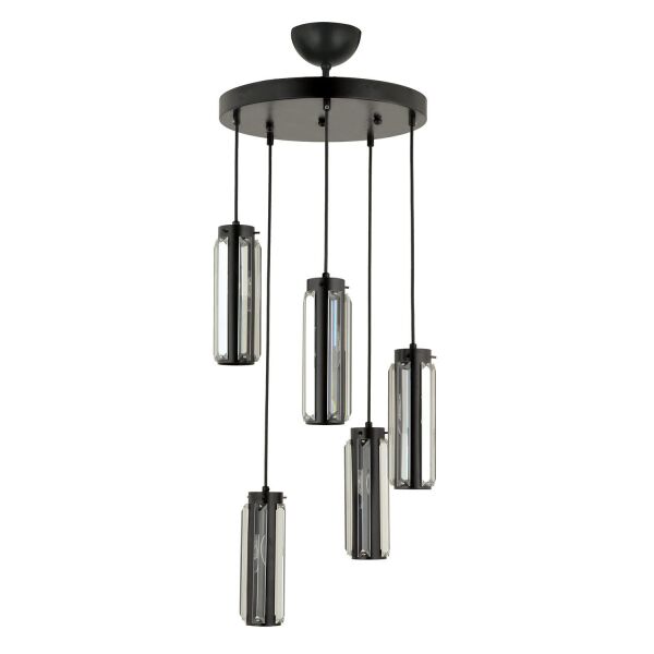 Natali 5 Li Yuvarlak Siyah Modern Kristalli, Taşlı Modern Tasarım Kristal Salon Sarkıt Avize