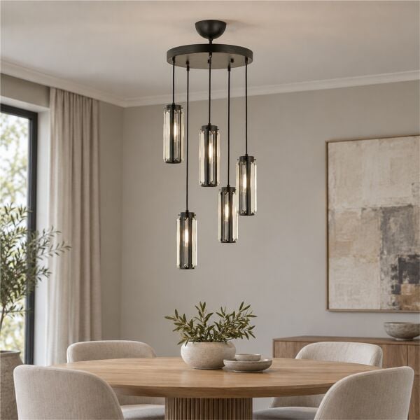 Natali 5 Li Yuvarlak Siyah Modern Kristalli, Taşlı Modern Tasarım Kristal Salon Sarkıt Avize