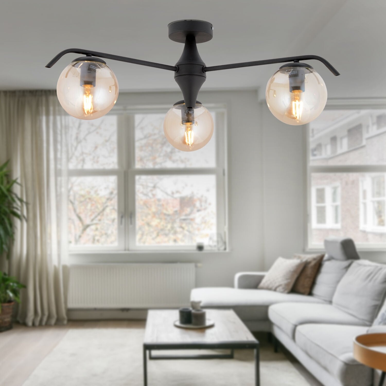 Diaspor 3'lü Yuvarlak Siyah Bal Camlı Modern Plafonyer Genç Odası Yatak Odası Retro Salon Avize