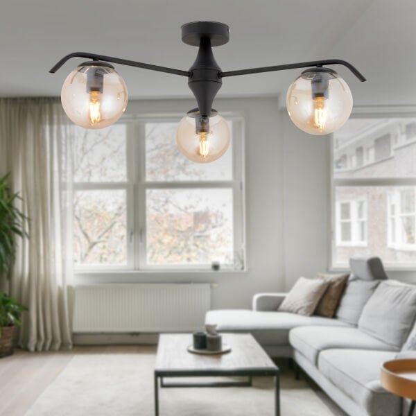 Diaspor 3'lü Yuvarlak Siyah Bal Camlı Modern Plafonyer Genç Odası Yatak Odası Retro Salon Avize