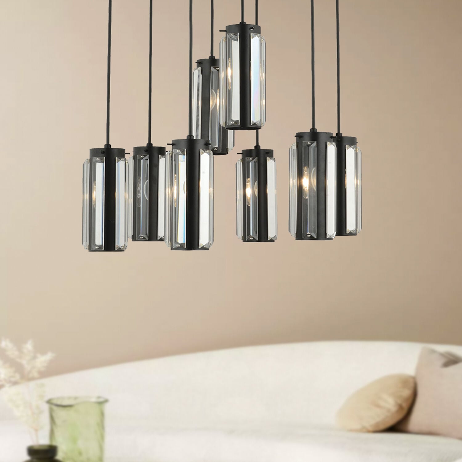 Natali 8 Li Yuvarlak Siyah Modern Kristalli, Taşlı Modern Tasarım Kristal Salon Sarkıt Avize