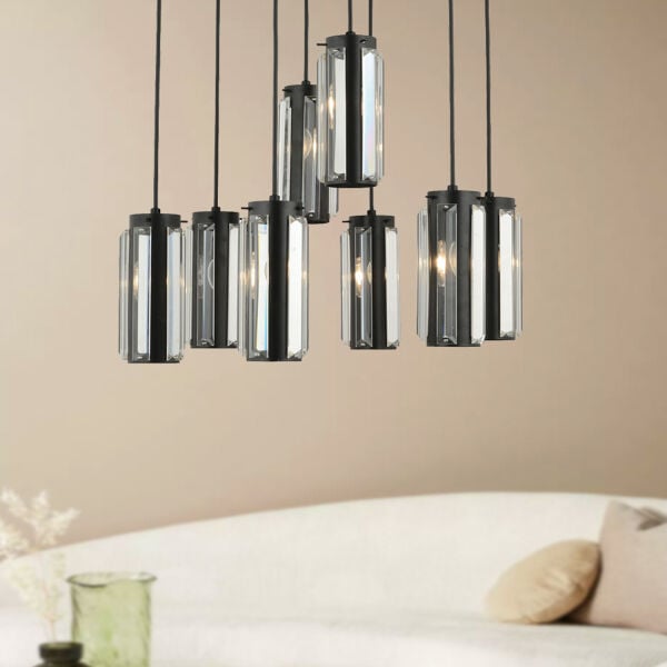Natali 8 Li Yuvarlak Siyah Modern Kristalli, Taşlı Modern Tasarım Kristal Salon Sarkıt Avize