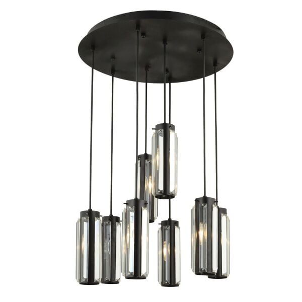 Natali 8 Li Yuvarlak Siyah Modern Kristalli, Taşlı Modern Tasarım Kristal Salon Sarkıt Avize