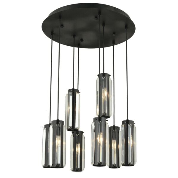Natali 8 Li Yuvarlak Siyah Modern Kristalli, Taşlı Modern Tasarım Kristal Salon Sarkıt Avize