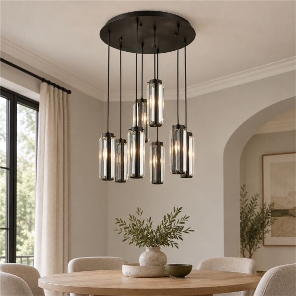 Natali 8 Li Yuvarlak Siyah Modern Kristalli, Taşlı Modern Tasarım Kristal Salon Sarkıt Avize