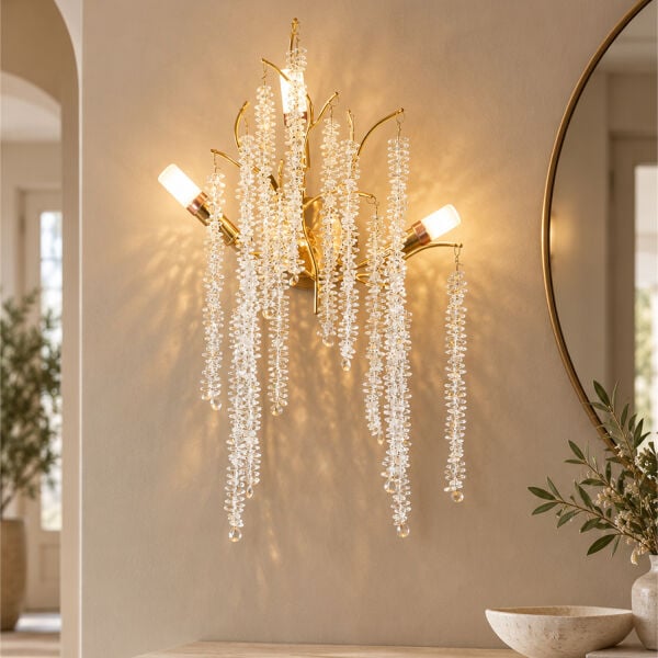 Dina Serip Gold Kaplamalı Modern Tasarım Salon Kristal Yatak Başı Aplik