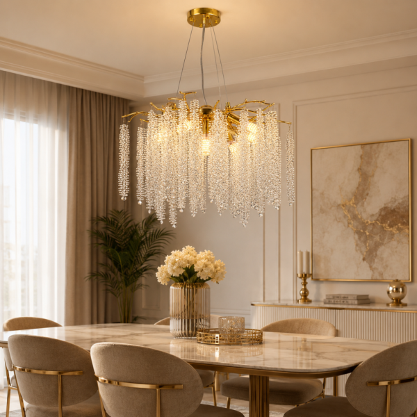 Dina Serip Gold Kaplamalı Modern Tasarım Salon Kristal Sarkıt Avize