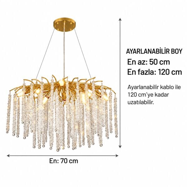 Dina Serip Yemek Masa Üstü Gold Kaplamalı Modern Tasarım Salon Kristal Sarkıt Avize
