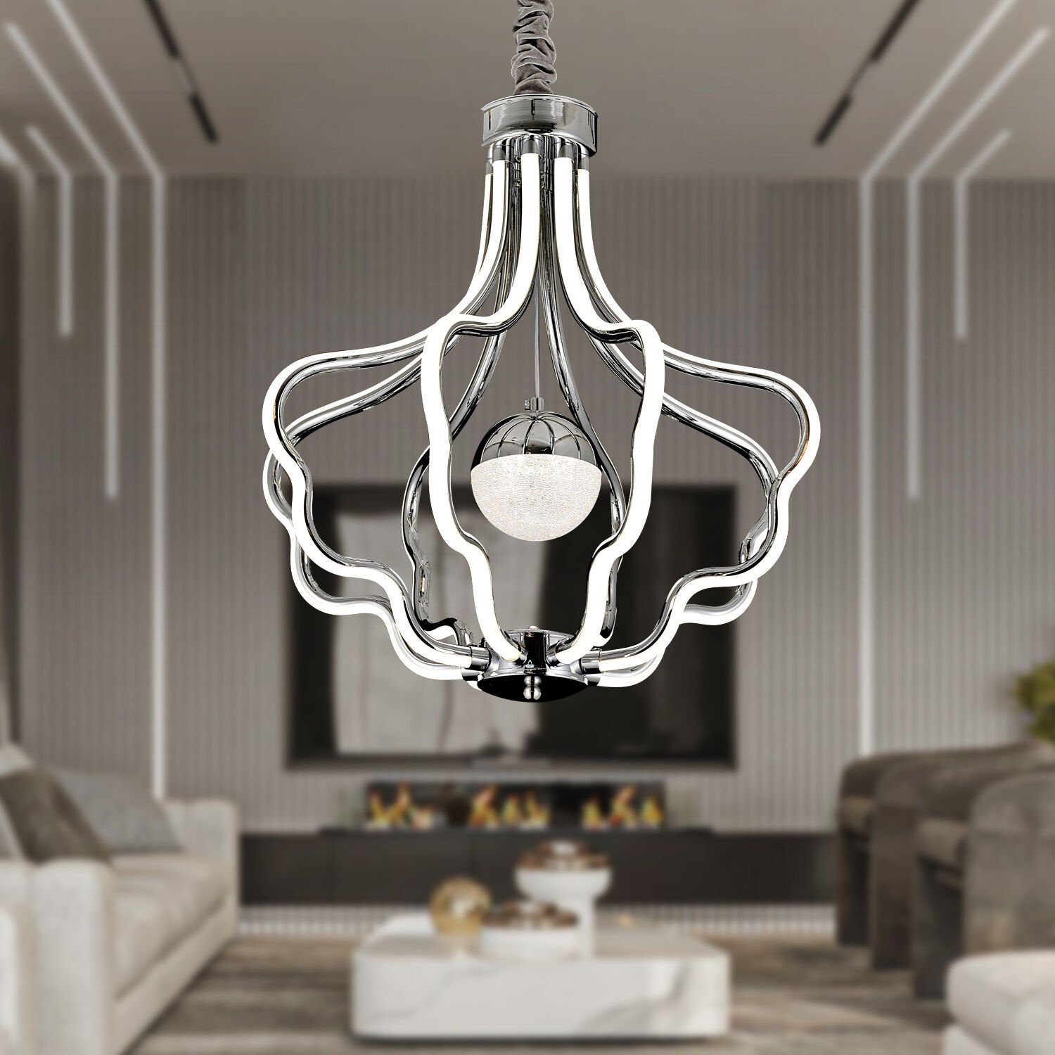 Camelia Krom Kaplama 3 Renkli 50 Watt Ledli Modern Tasarım Oturma Odası,Genç Odası,Yatak Odası,Salon Sarkıt Led Avize