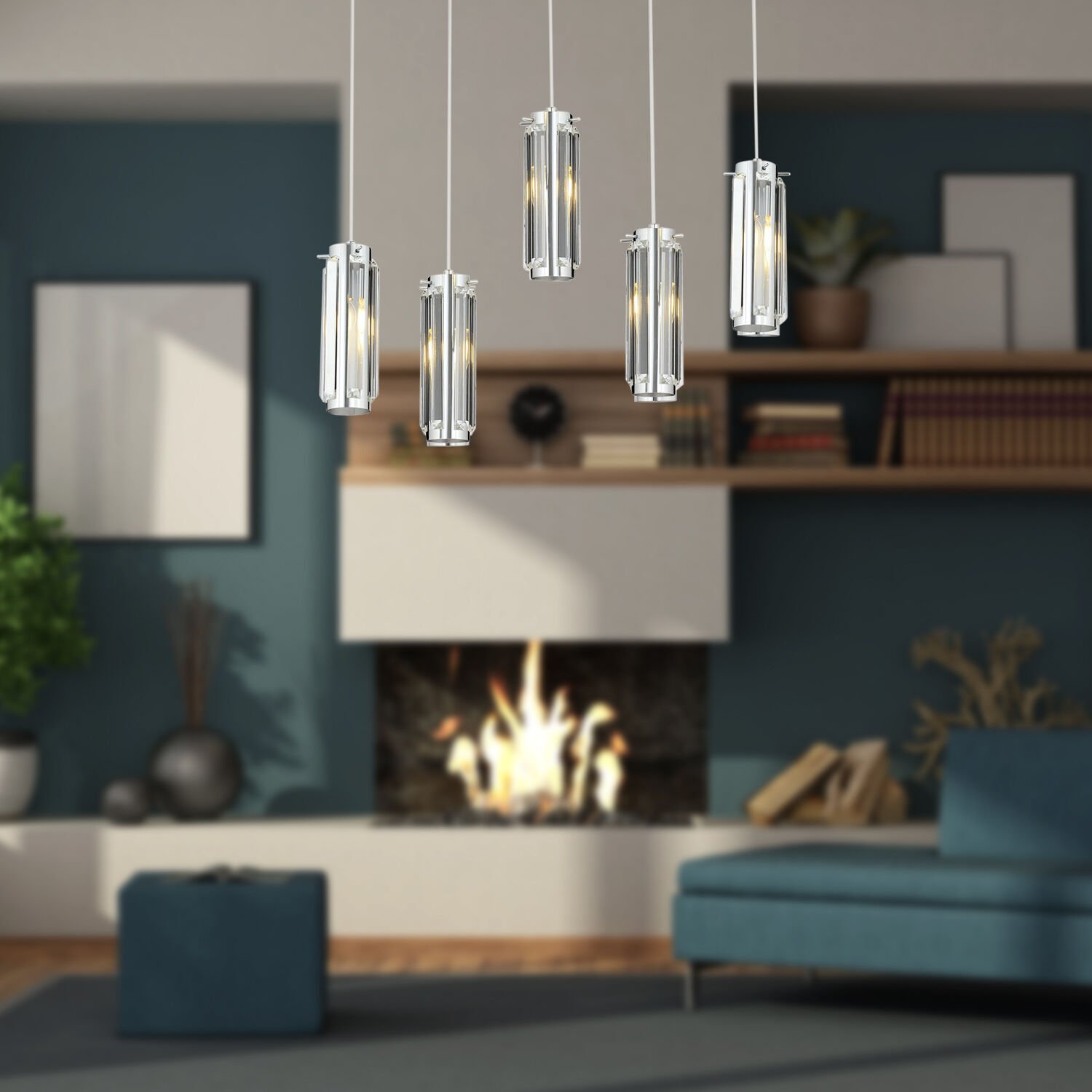 NATALİ 5Lİ SIRALI KROM SARKIT SALON- YEMEK MASASI AVİZE