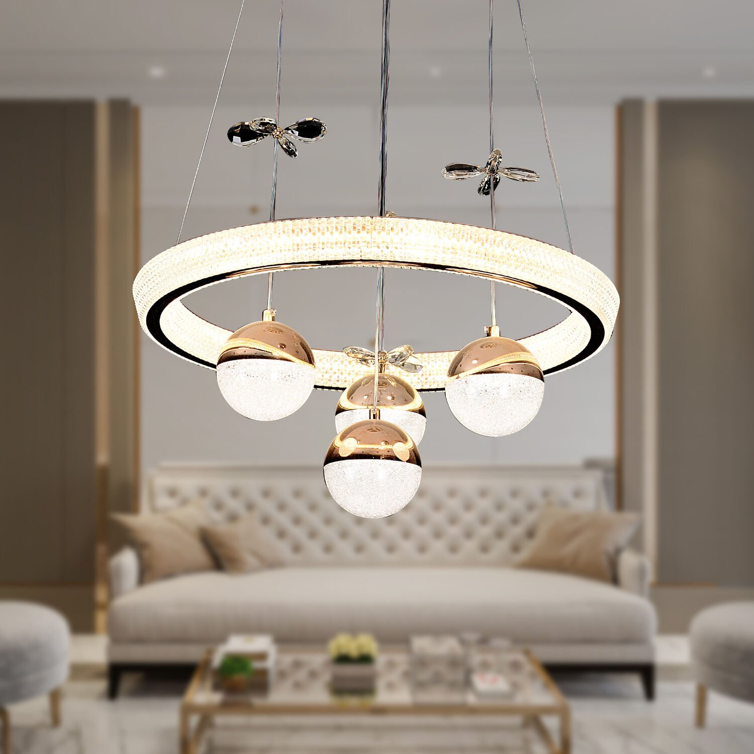 Alaine Gold Kaplama 3 Renkli 66 Watt Ledli Modern Tasarım Oturma Odası,Genç Odası,Yatak Odası,Salon Sarkıt Led Avize