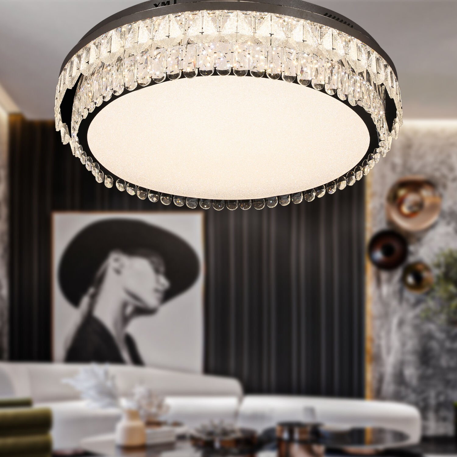 Bade Krom Kaplamalı 128 Watt Led Plafonyer Modern Tasarım Salon Kristal 3 Renk Ledli Avize