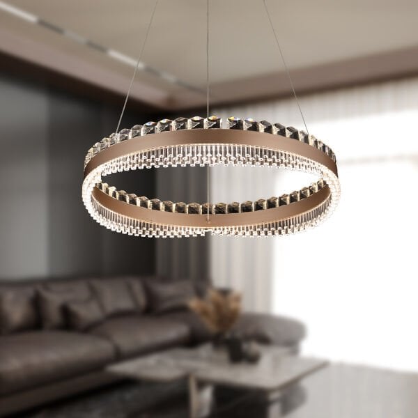 Hazela Kahve Eskitme Kaplamalı Yuvarlak 143 watt Led Sarkıt Salon 3 Renk Ledli Modern Tasarım Avize