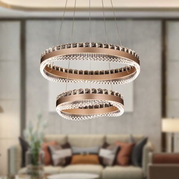 Hazel 2 Katlı Kahve Eskitme Kaplamalı Yuvarlak 300 watt Led Sarkıt Salon 3 Renk Ledli Modern Tasarım Avize