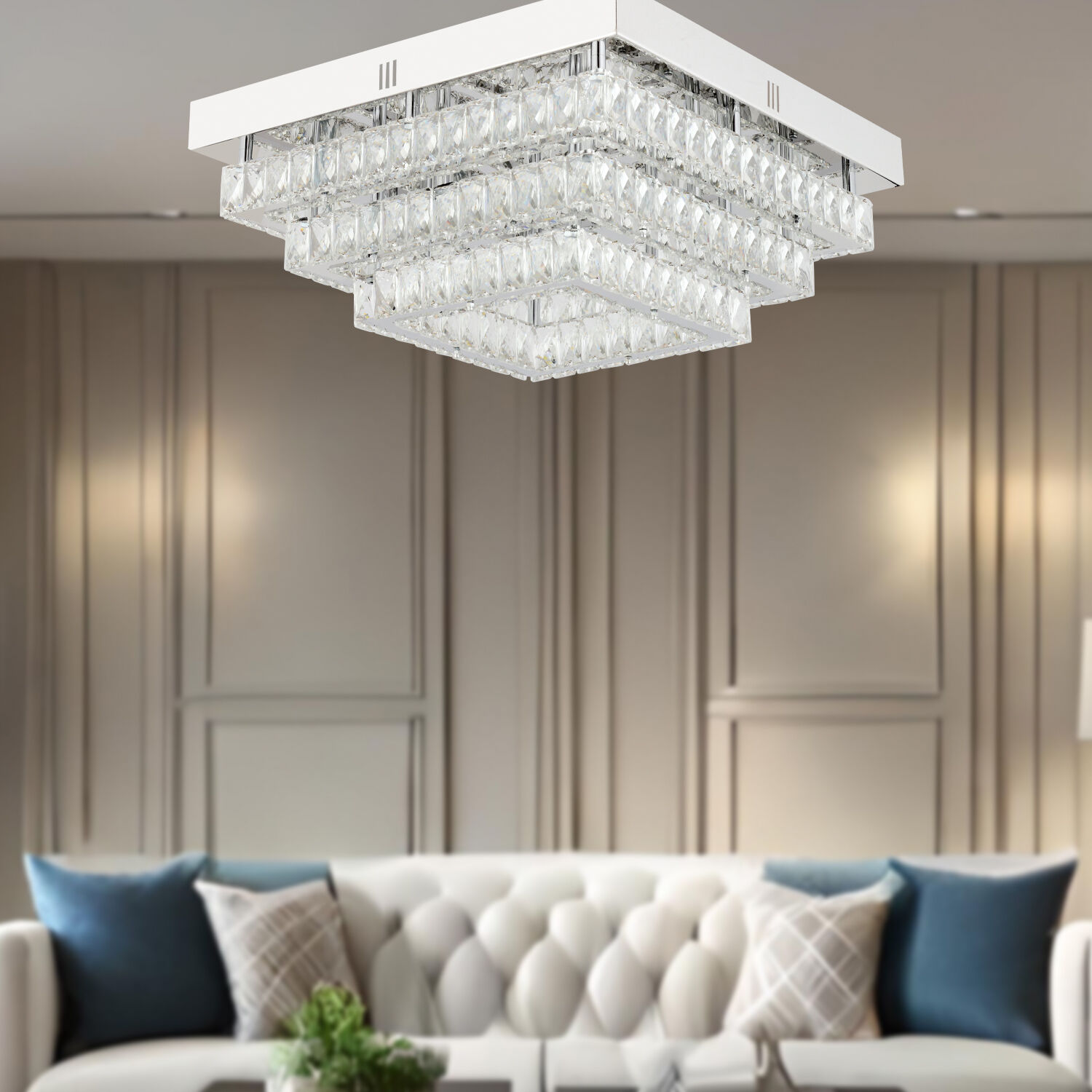 Modina 3 Katlı Krom Ledli 3 Renkli 120 Watt Kristalli Taşlı Modern Tasarım Led  Kristal Salon Avize