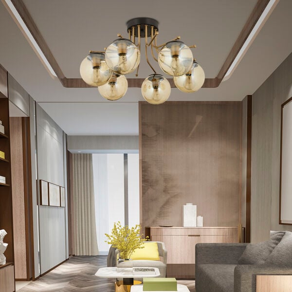Edin 6Lı Siyah Eskitme Bal Camlı Modern Genç Odası Yatak Odası Salon Avize